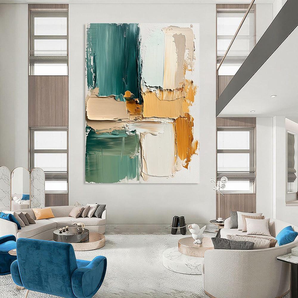 Contemporary abstract painting showcasing thick brush strokes in beige and teal with soft splashes and layers of cream green and yellow on textured canvas. DLZ1080