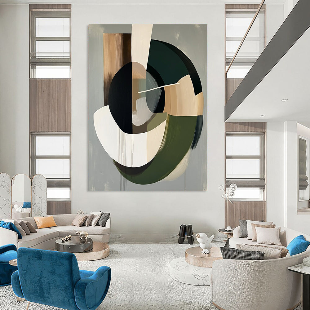 Contemporary abstract artwork features organic dark brown shapes with a grey background and soft neutral accents for a serene atmosphere. DLZ1051