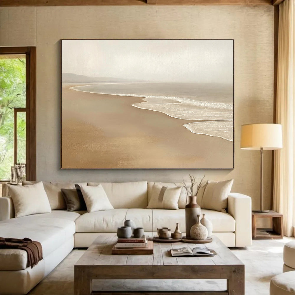 “Neutral Toned Beach Serenity” - Beiges, Whites, Subtle Browns, Calm Beach - Oil Painting HB1618