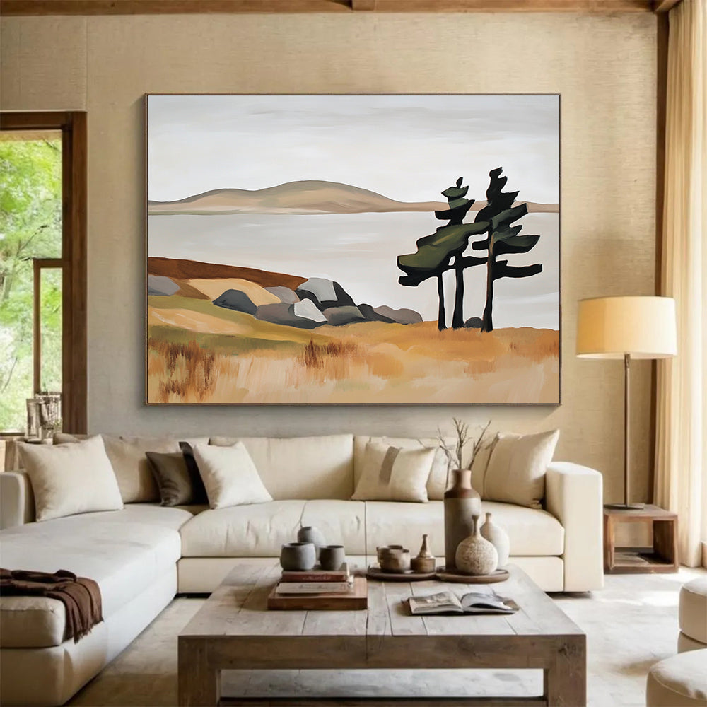“Minimalist Landscape with Trees” - Beige, Green, Gray, Simplified Nature Scene - Acrylic Painting HB1647
