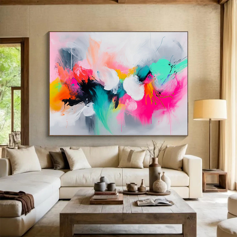 “Colorful Abstract Expressionist Burst” - Pink, orange, green, blue, white; Vibrant abstract expressionist; Acrylic Painting On Canvas HB1260