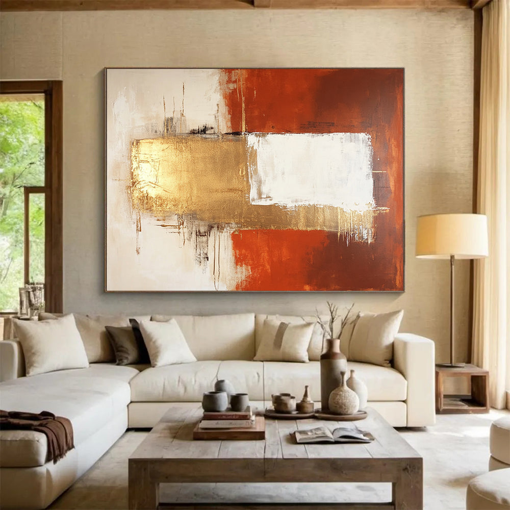 “Elegant Geometric Fusion in Orange, Gold, and White” - Orange, gold, white; Abstract geometric blocks; Acrylic Painting On Canvas HB1226