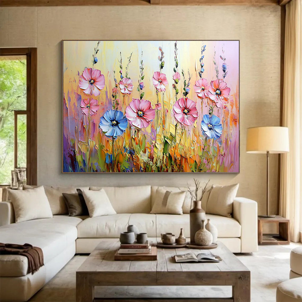 “Vibrant Wildflower Field” - Pinks, Blues, Yellows, Lively Wildflower Meadow - Impasto Oil Painting HB1718