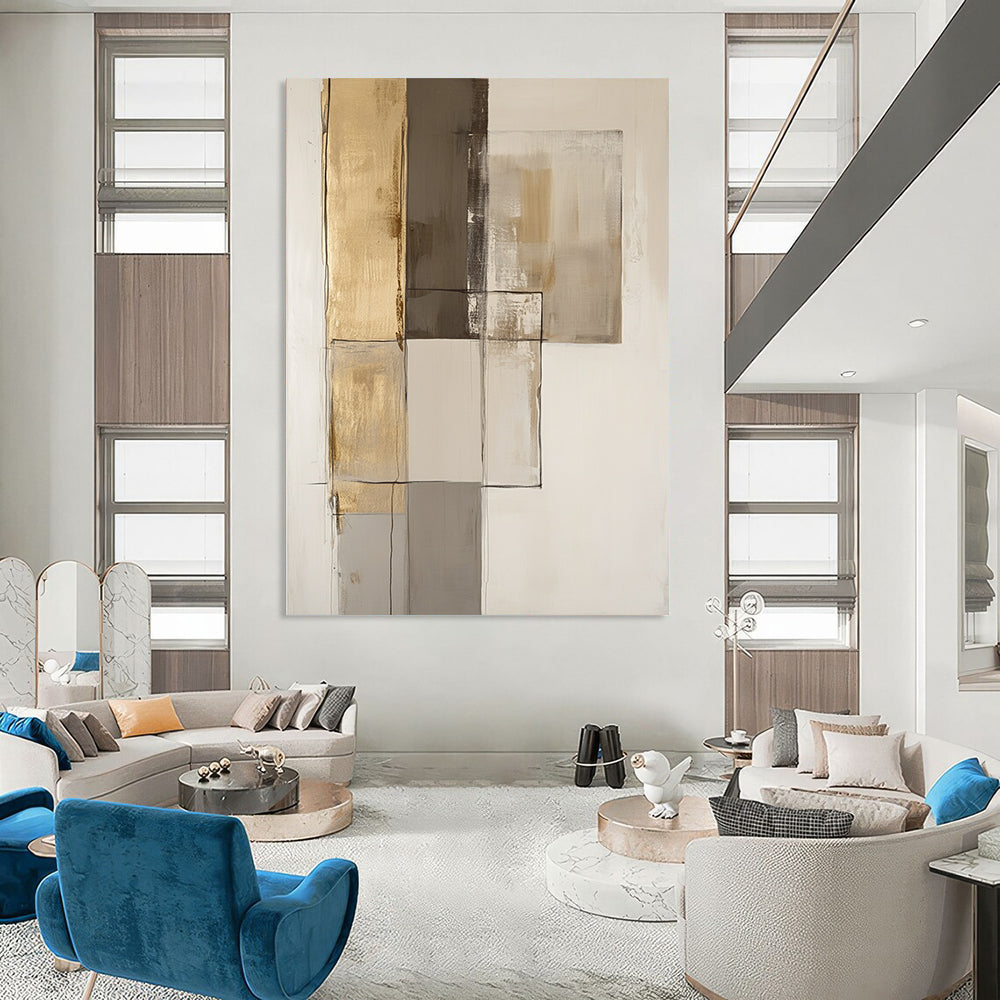 Contemporary hand-painted abstract art featuring textured brown and gold accents with smooth shades of gray on an off-white background. DLZ1070
