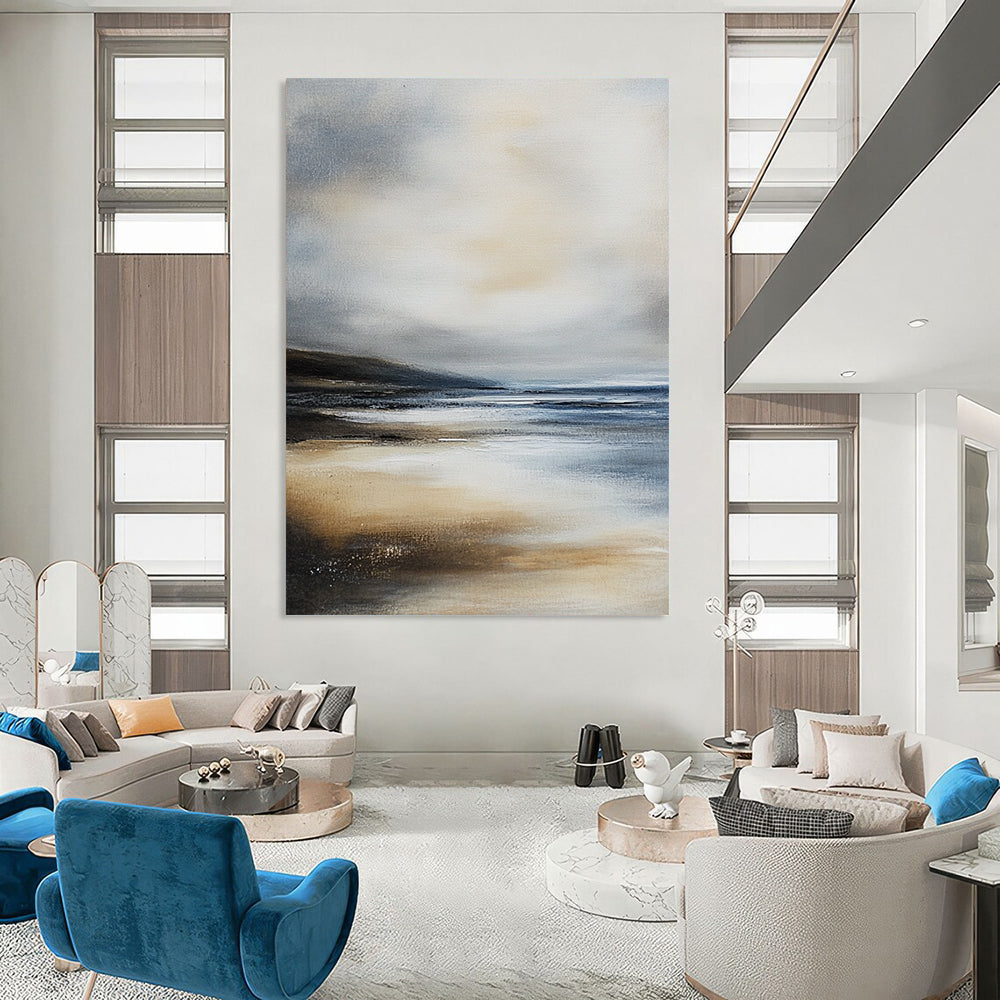 Contemporary hand-painted abstract art featuring a serene beach landscape with muted gray-blue and beige colors evoking tranquility and coastal essence. DLZ0283