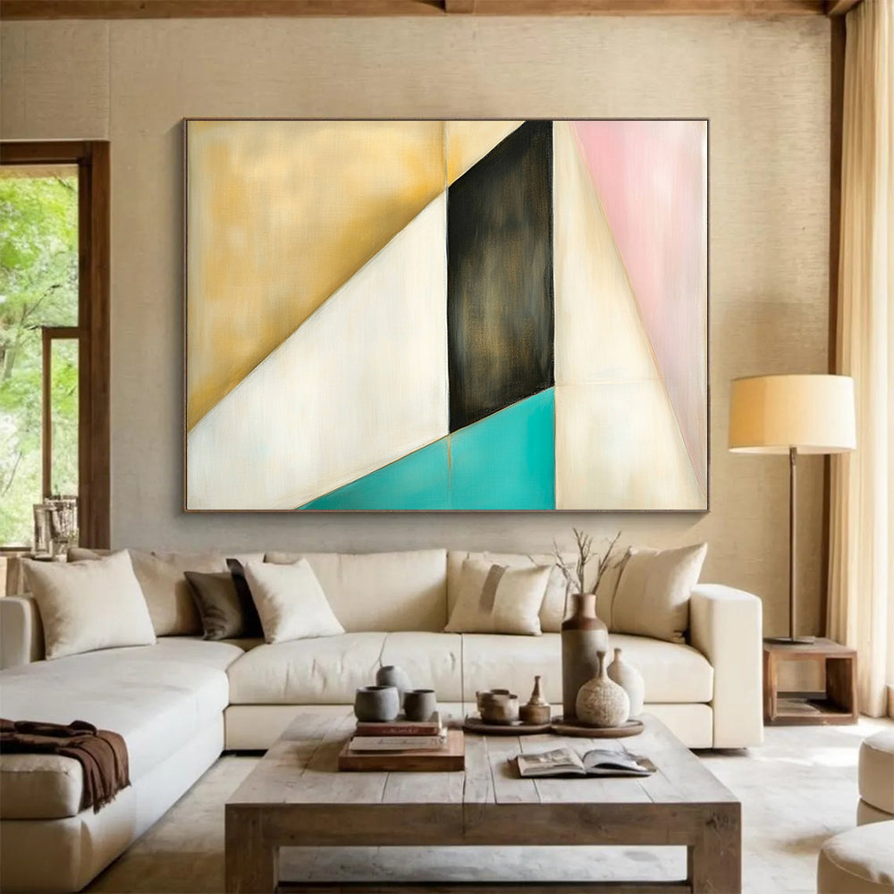 “Geometric Color Block” - Gold, Black, White, Pink, Teal, Geometric Shapes - Painting On Canvas HB1436