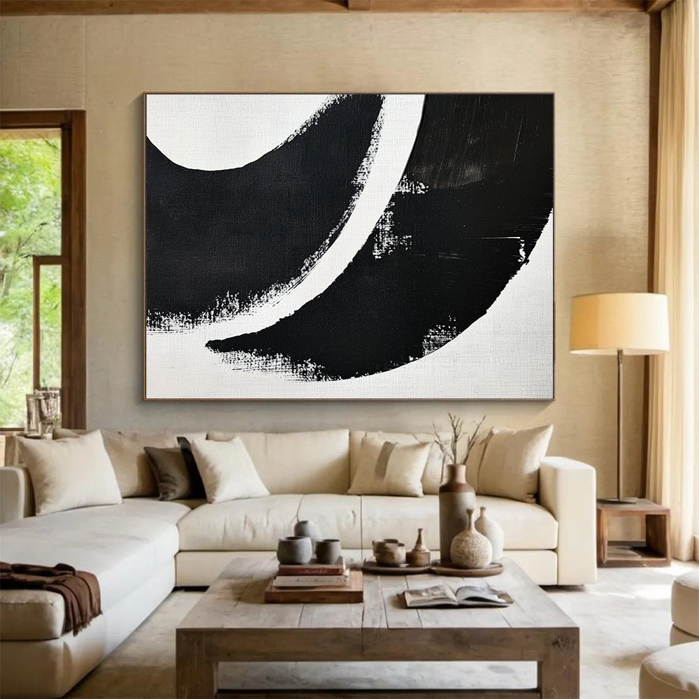 Black and White Curved Abstract Shapes - Graphic Abstract Painting On Canvas HB0493