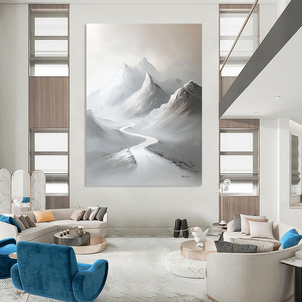 Contemporary large hand-painted abstract artwork featuring snow-covered mountains with a minimalist white palette and elegant brushstrokes on a gray background. DLZ1417