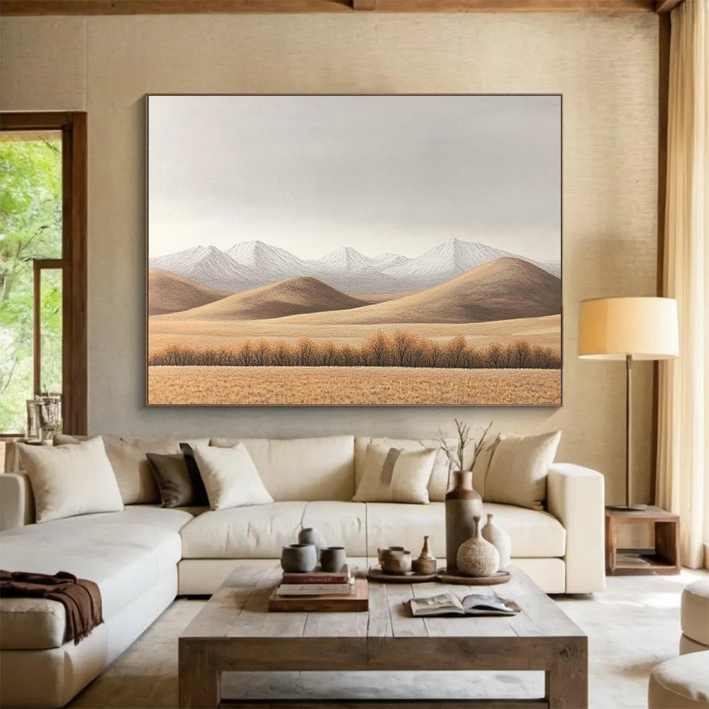 “Minimalist Mountain Landscape” - Brown, White, Gray, Simplified Nature Scene - Oil Painting HB1652