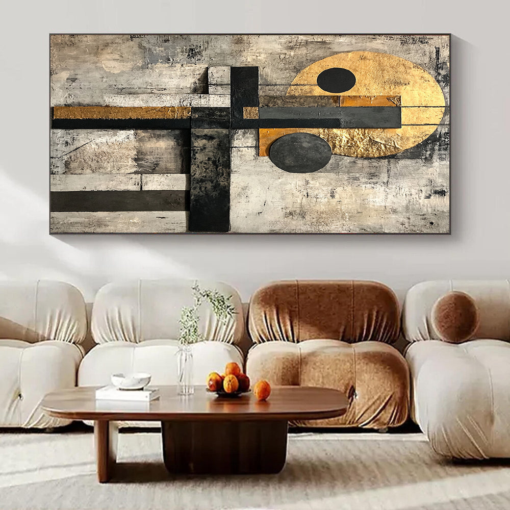 Gold, Black, Gray, White with Layered Shapes "Textured Harmony" Abstract Painting On Canvas HB002