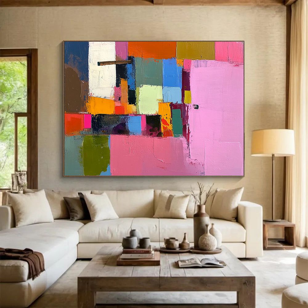 “Colorful Cubes” - Pink, Orange, Blue, Green, Abstract Cubist Blocks Painting On Canvas HB1058