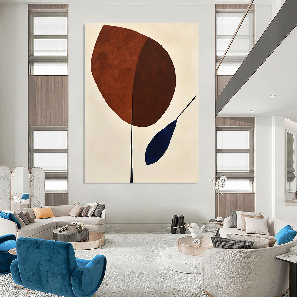 Contemporary abstract painting featuring organic shapes in brown and blue on a minimalist white background, evoking mid-century artistic style. DLZ1309