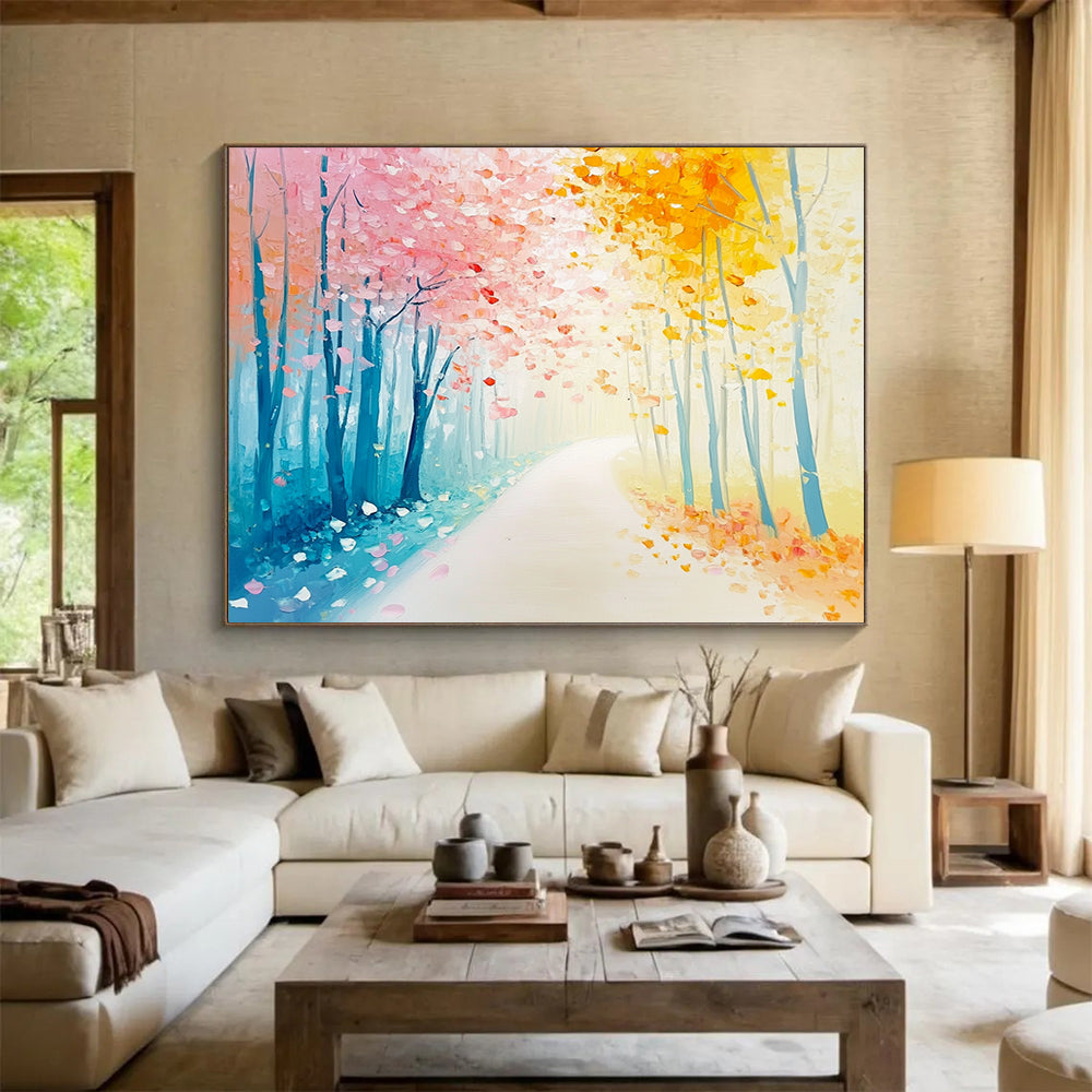 “Pastel Forest Pathway” - Dreamy path lined with pink and yellow trees, Impressionist Landscape Painting On Canvas HB0538