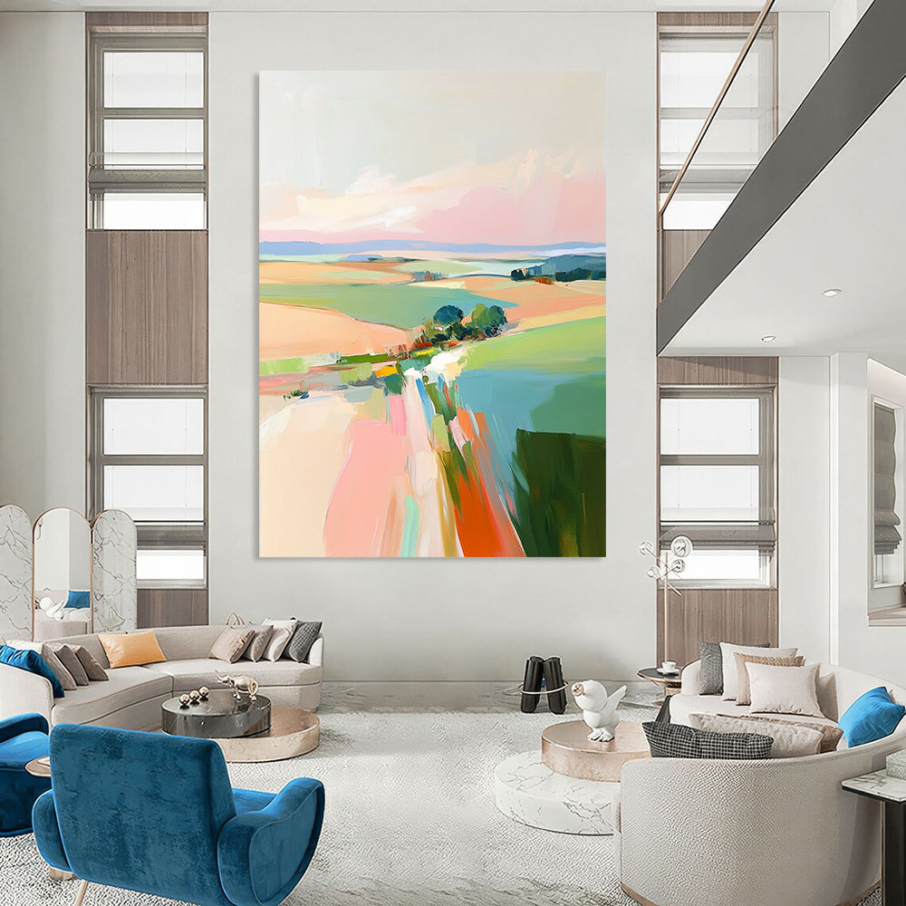 Contemporary hand-painted abstract art featuring soft pink skies and vibrant green and blue fields inspired by Robert H and Fairfield Porter. DLZ0408