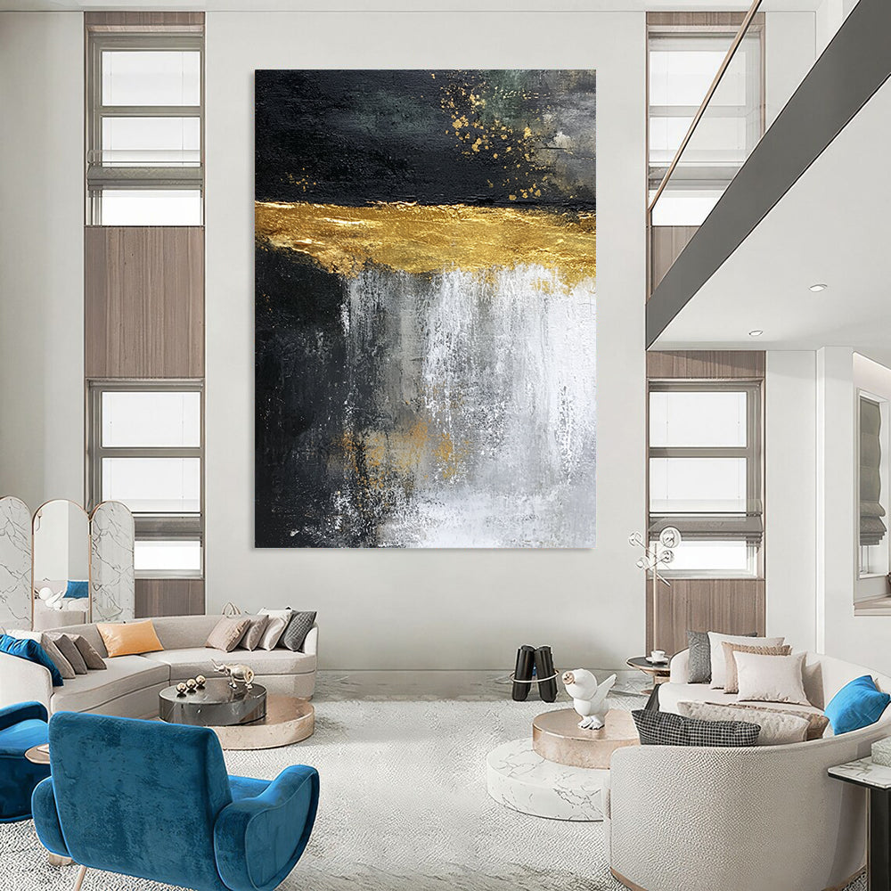 Contemporary hand-painted abstract artwork featuring cascading water, vibrant light yellow glaze, and dark rock contrasts, evoking natural beauty in dynamic movement. DLZ1208