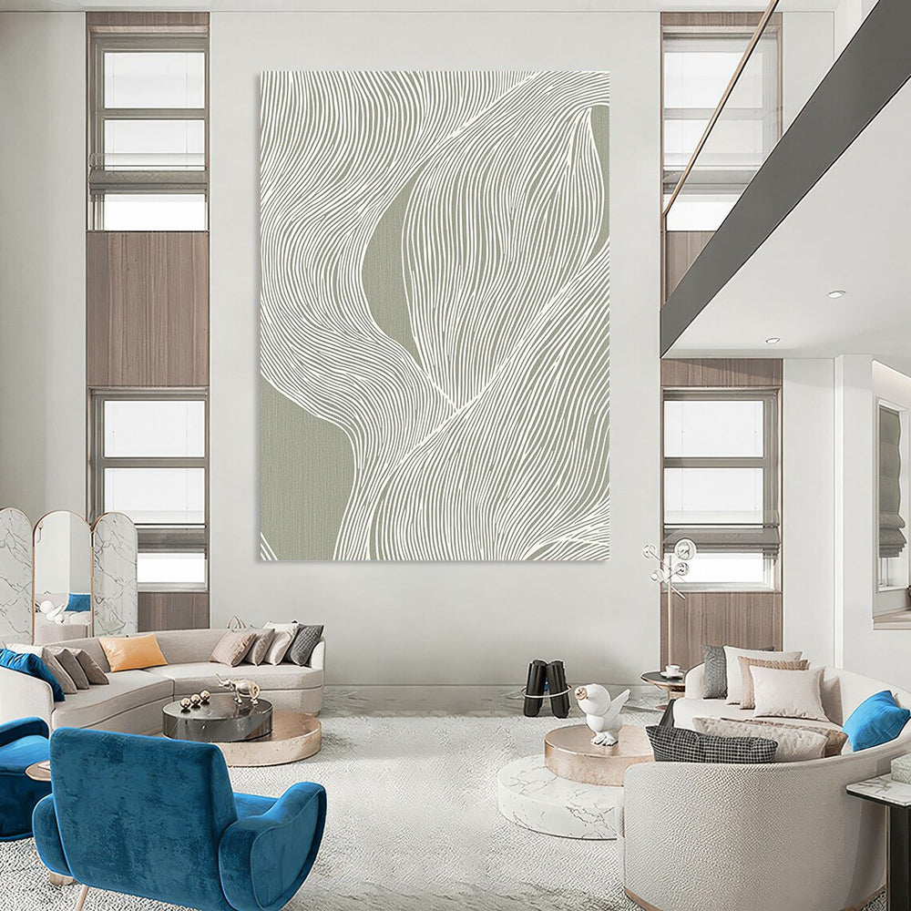 Contemporary hand-painted abstract artwork featuring fluid white lines on a gray background inspired by Edo woodblock prints, perfect for elegant interior decor. DLZ1431