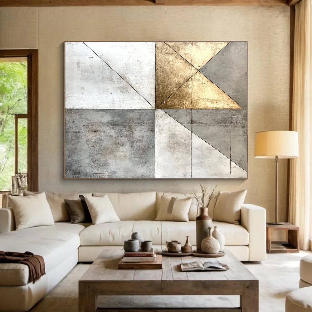 Gray, White, Gold, Geometric Triangles "Gilded Pyramid" Abstract Minimalist Painting On Canvas HB141