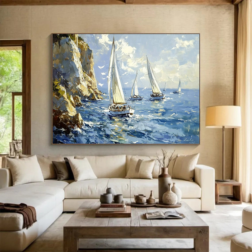 Blue, White, Yellow and Green Seascape with Sailboats "Sailing Serenity" Painting On Canvas HB0661