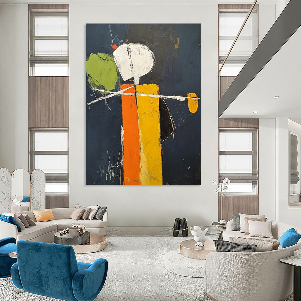Contemporary hand-painted abstract art featuring a minimalistic orange and yellow figure on a dark blue background with green accents and visible brush strokes DLZ1581