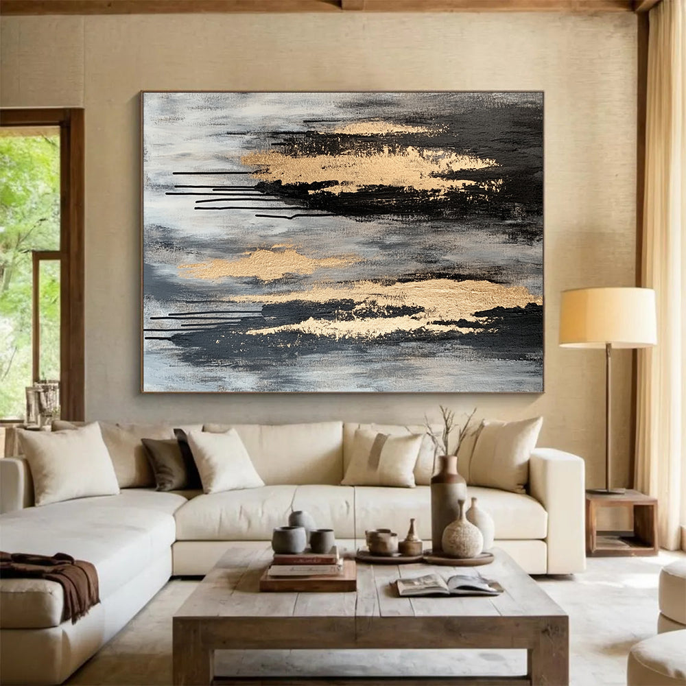 Gray, Black & Gold Dripping Textures - “Urban Gilded Streams” Painting On Canvas HB198
