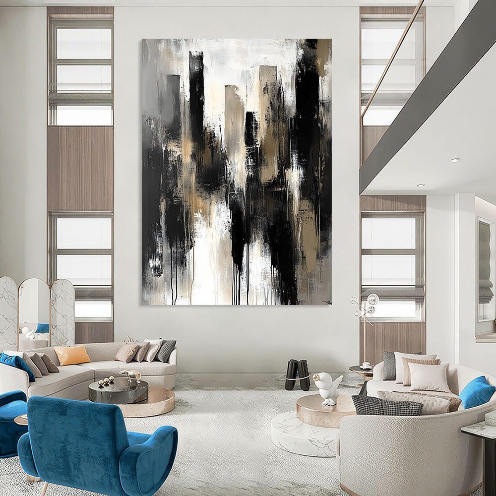 Contemporary abstract painting featuring dark gray tones large brush strokes muted neutral colors and a sense of urban melancholy and isolation. DLZ0313