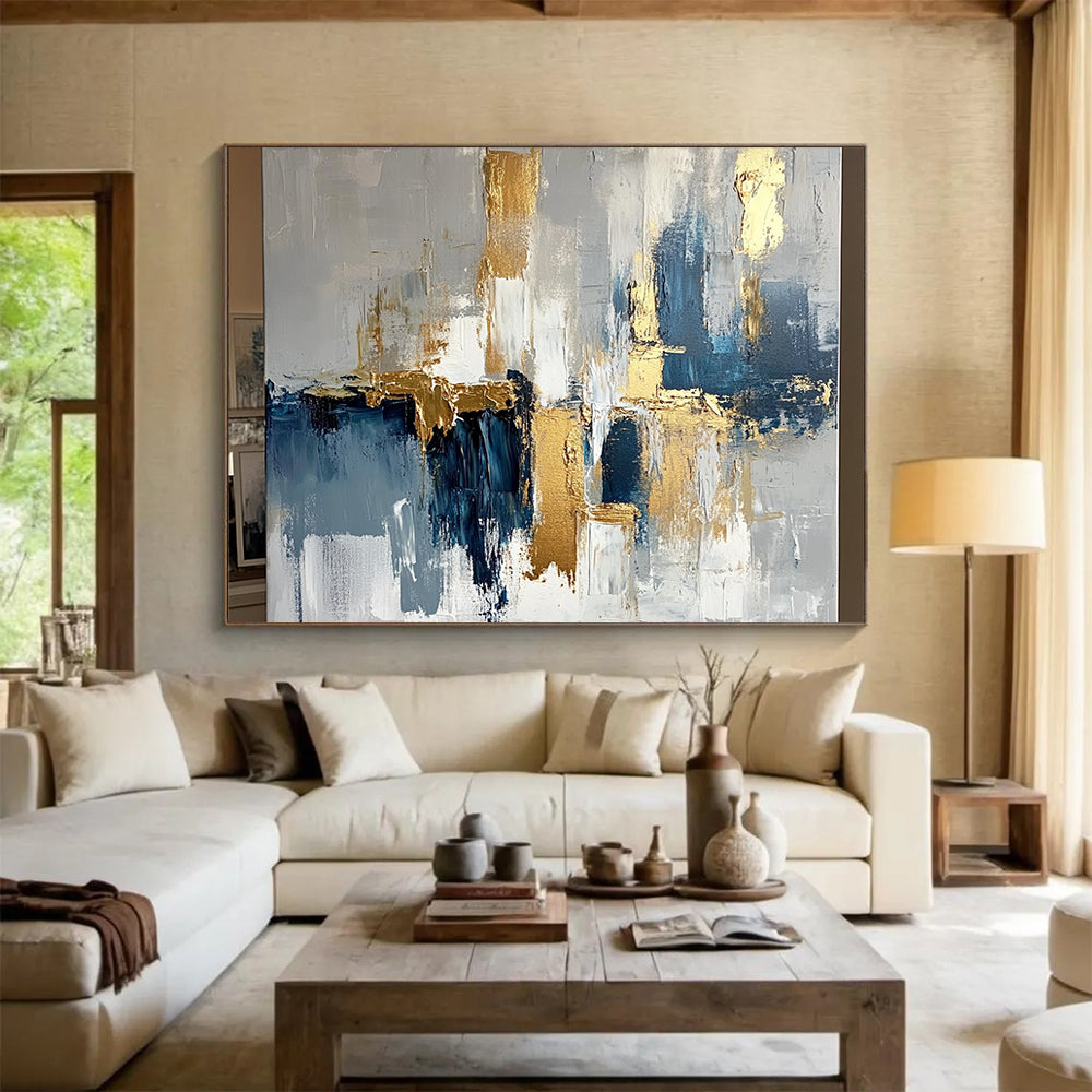 “Abstract Gold - Blue - Gray Cityscape” - Gold, Blue, Gray, White, Urban Shapes Painting On Canvas HB0818