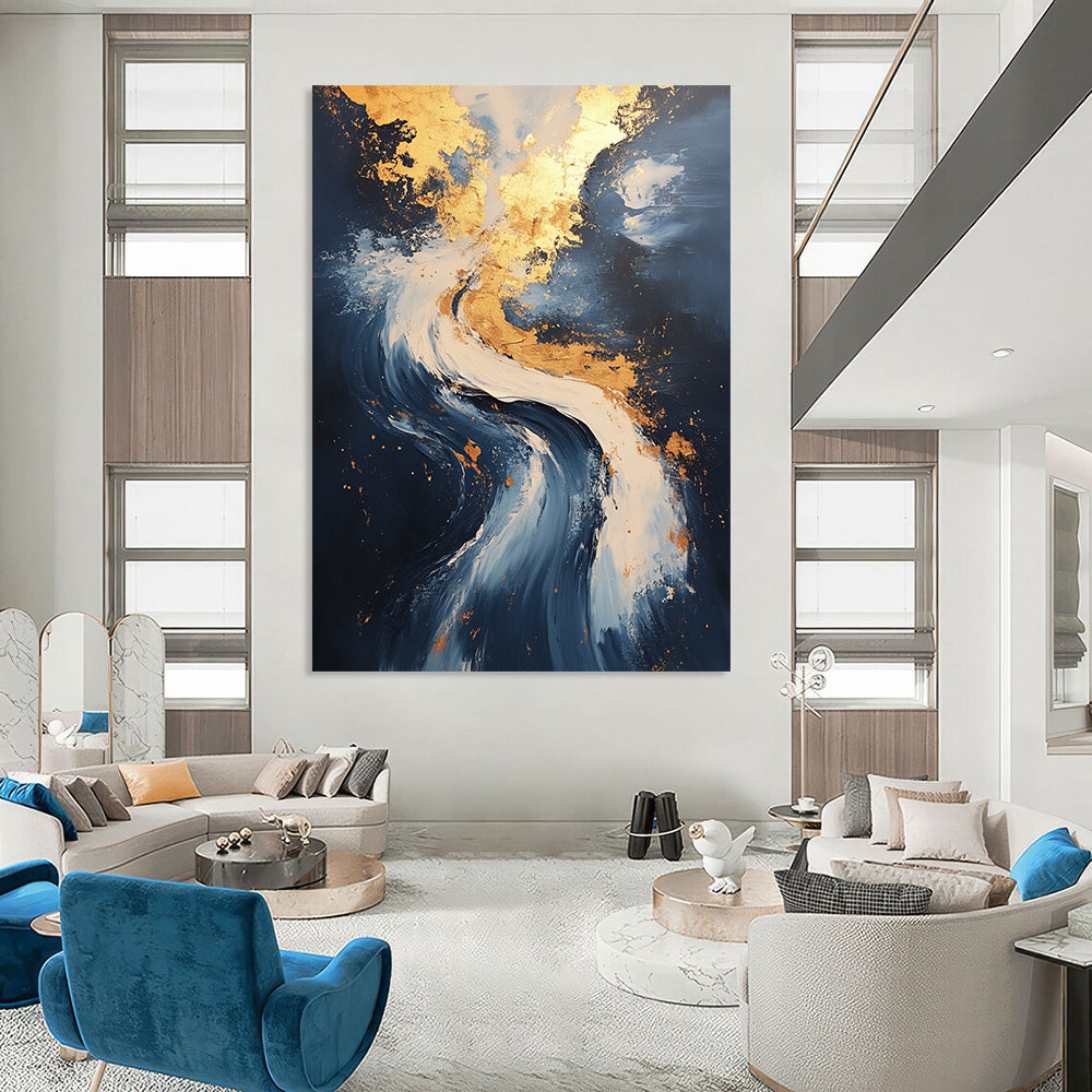Contemporary abstract painting showcases flowing water and serene clouds with gold leafing and ultra-detailed textures for a captivating experience. DLZ0332