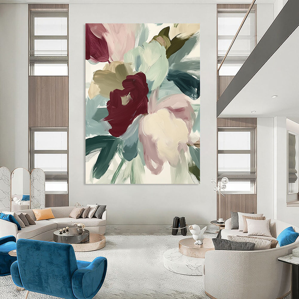 Contemporary abstract painting featuring loose brush strokes and muted colors depicting close-up flowers in reds and greens on a white background. DLZ0382