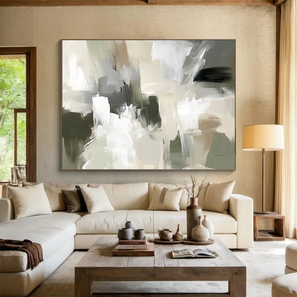 “Neutral Abstract Composition” - Beige, gray, white, green; Abstract composition with soft brushstrokes; Acrylic Painting On Canvas HB1267