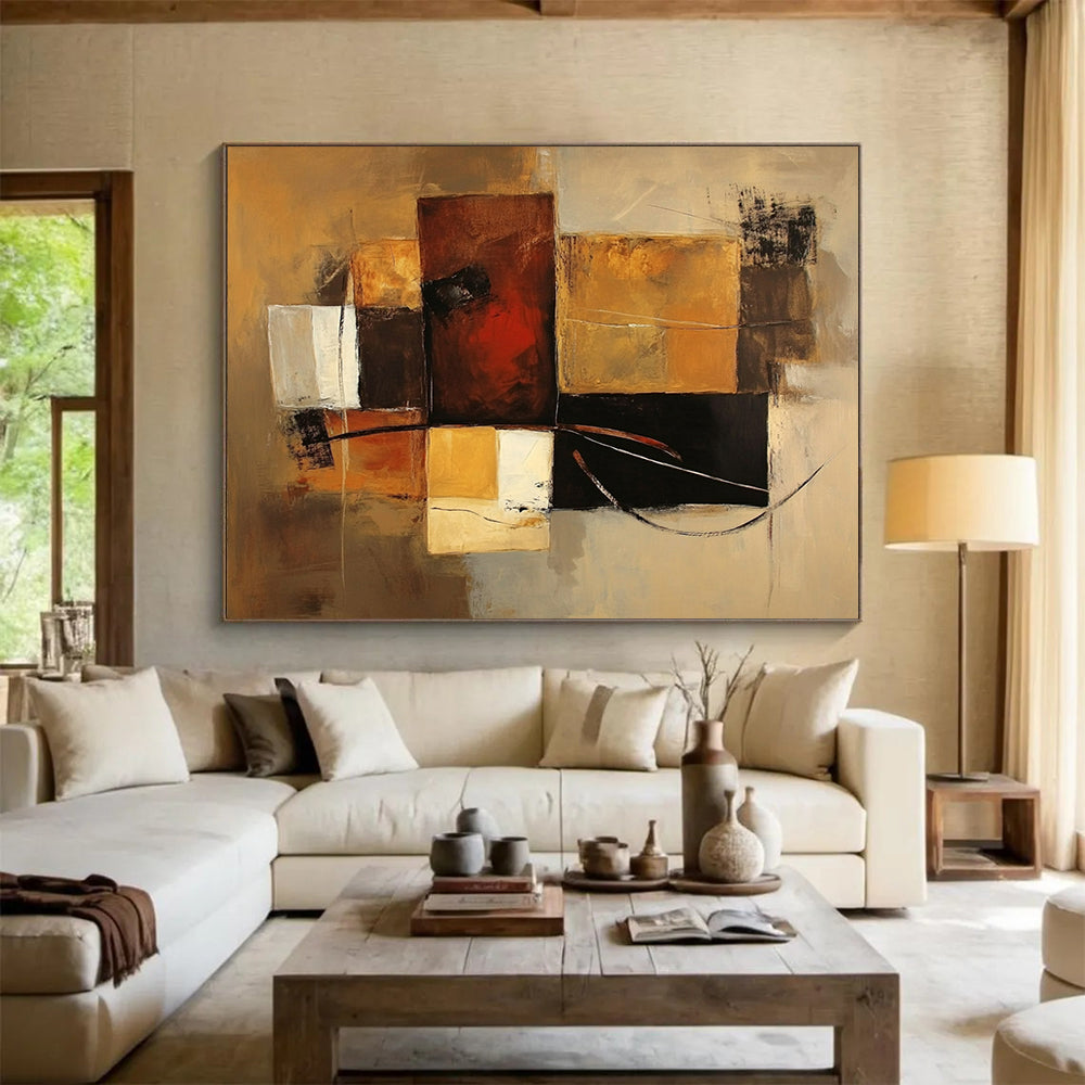 “Brown Geometric Abstract” - Brown, Gold, Black, White, Geometric Forms - Painting On Canvas HB1427