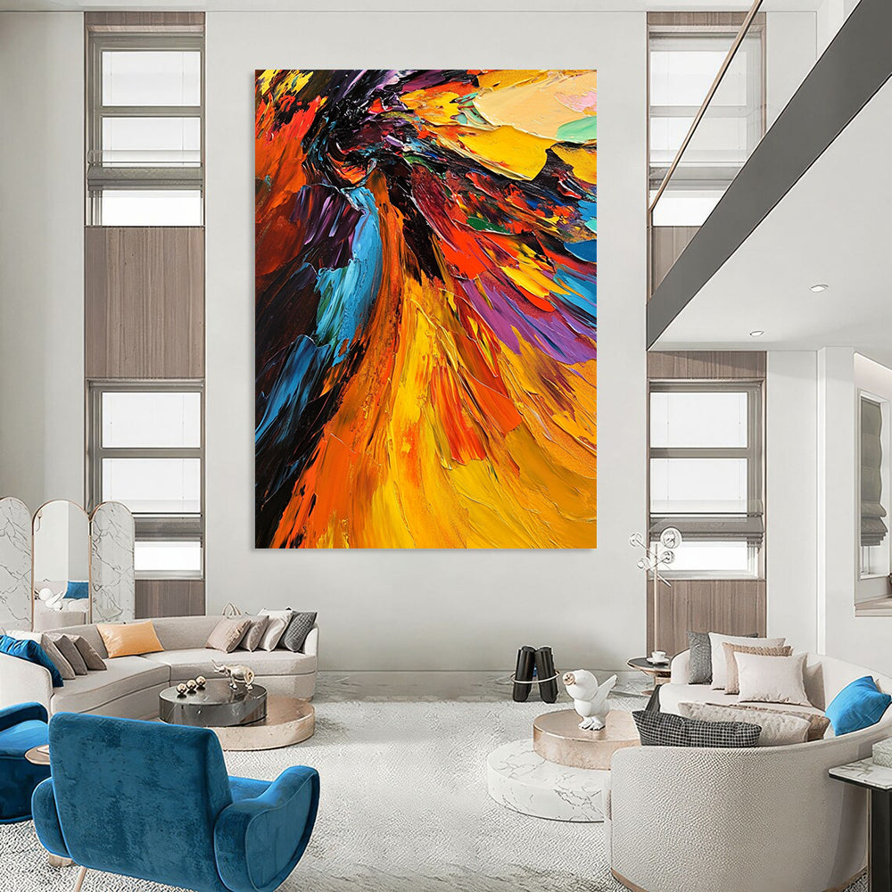 Contemporary abstract oil painting features a vivid angel with colorful wings highlighted by thick brushstrokes and dramatic lighting in a close-up view. DLZ0397