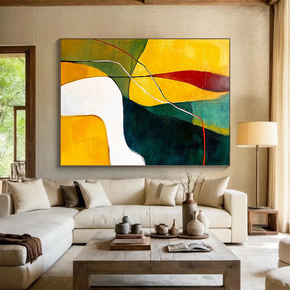 “Colorful Geometric Flow” - Yellow, Green, Red, Geometric Shapes and Lines Painting On Canvas HB0954