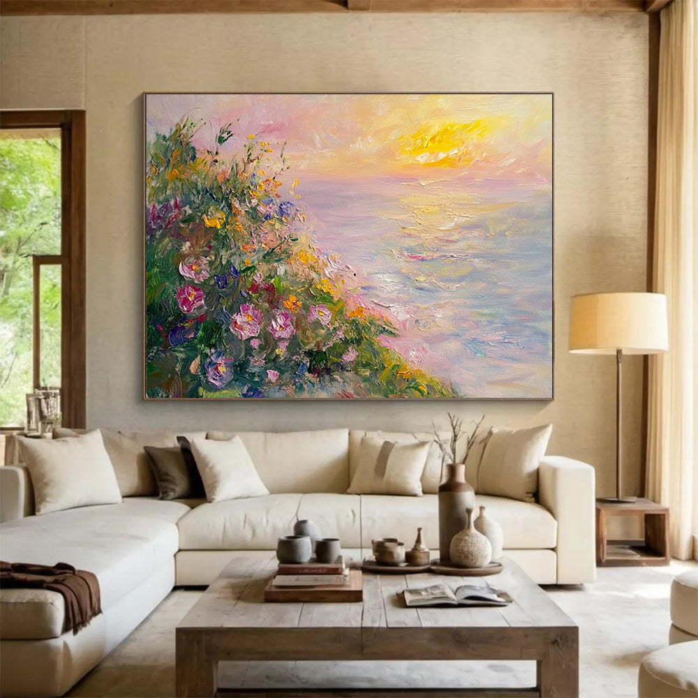 “Seaside Floral Sunset” - Pink, Yellow, Floral & Sea Oil Painting On Canvas HB0716