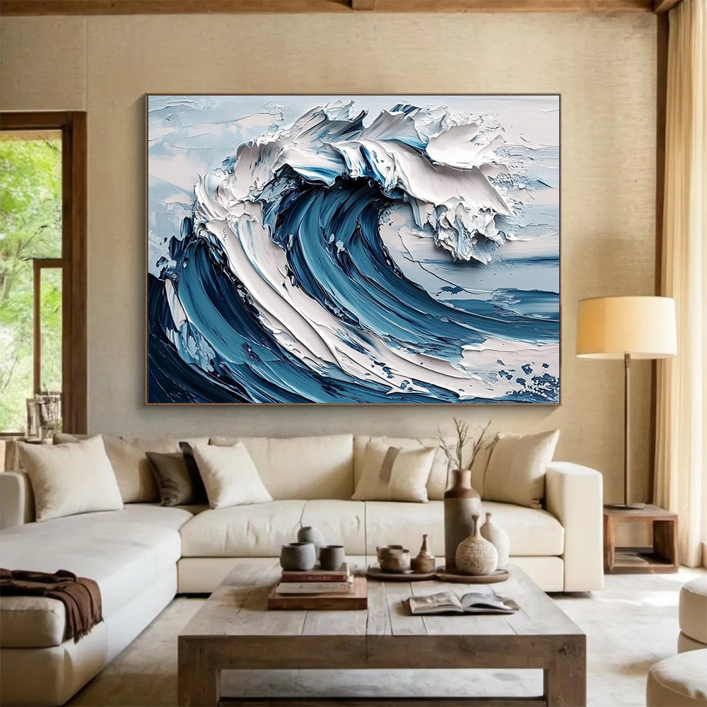 “3D Ocean Wave” - Blue, White, Textured Wave, Hyper - Realistic Palette Knife Painting On Canvas HB1102