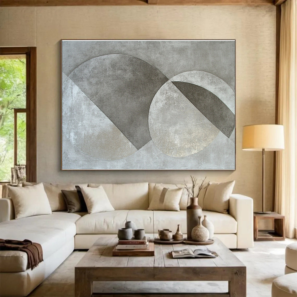 Gray and Silver Geometric Circles "Subtle Geometry" Painting On Canvas HB401