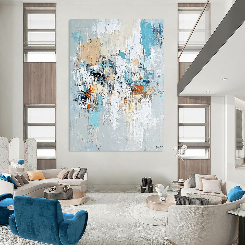 Contemporary hand-painted abstract art featuring chaotic figures with loose gestural lines pale aquamarine and rust tones on a light gray background. DLZ0980