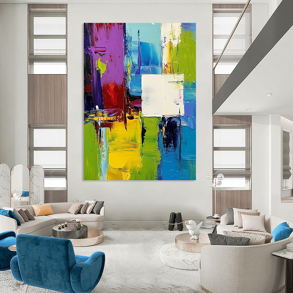 Contemporary hand-painted abstract artwork featuring vibrant green blue purple yellow palette with dynamic shapes and overlapping white squares creating depth and movement. DLZ0773