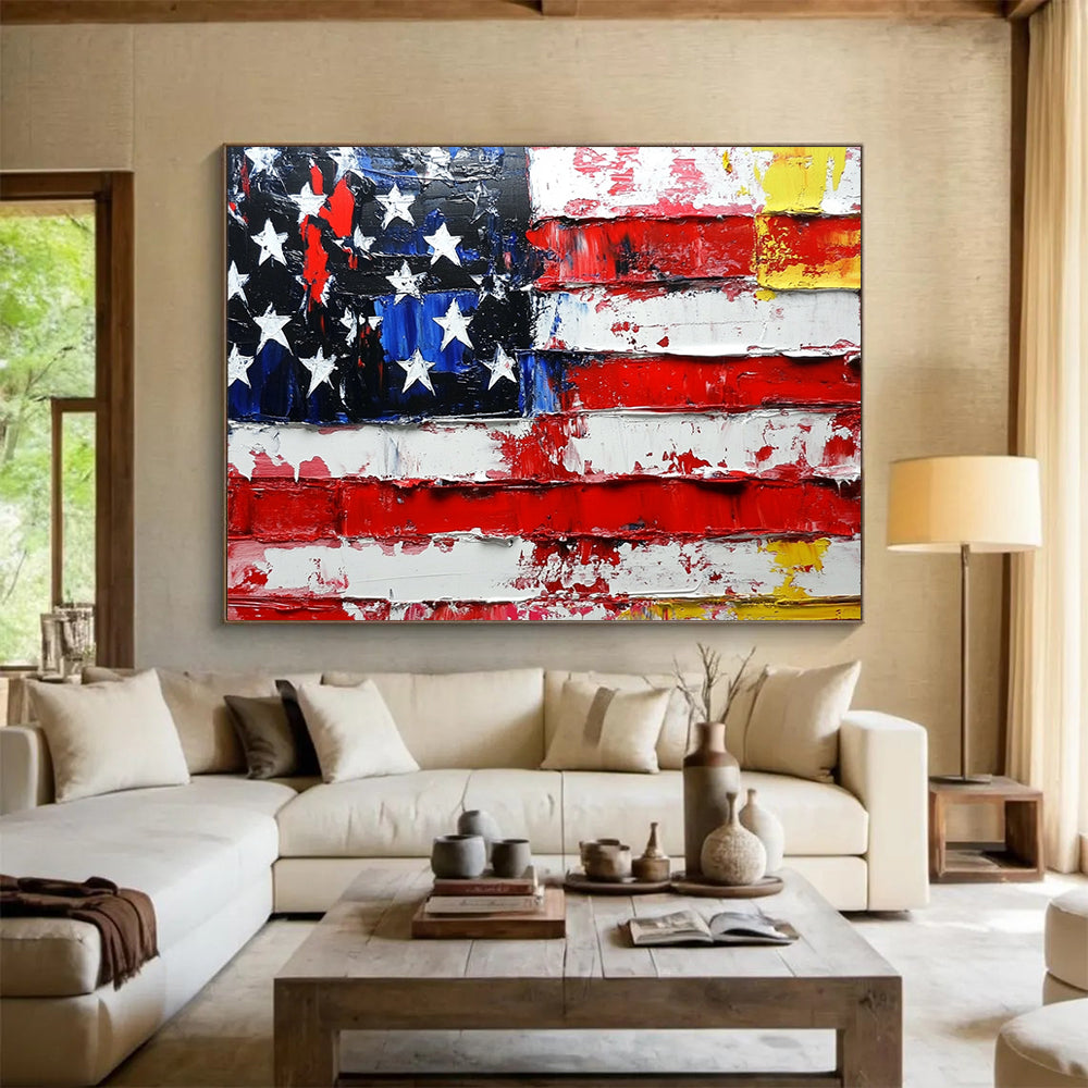 “Textured Flag Tribute” - Red, white, blue, yellow; Thick, weathered strokes on an American flag; Palette Knife Oil Painting On Canvas HB1174