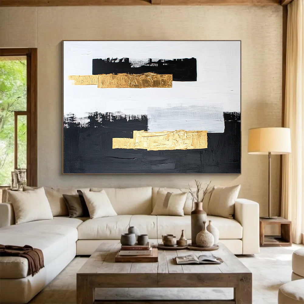 Black, White, Gray, Gold, Vertical Strokes "Gilded Simplicity" Abstract Minimalist Painting On Canvas HB148
