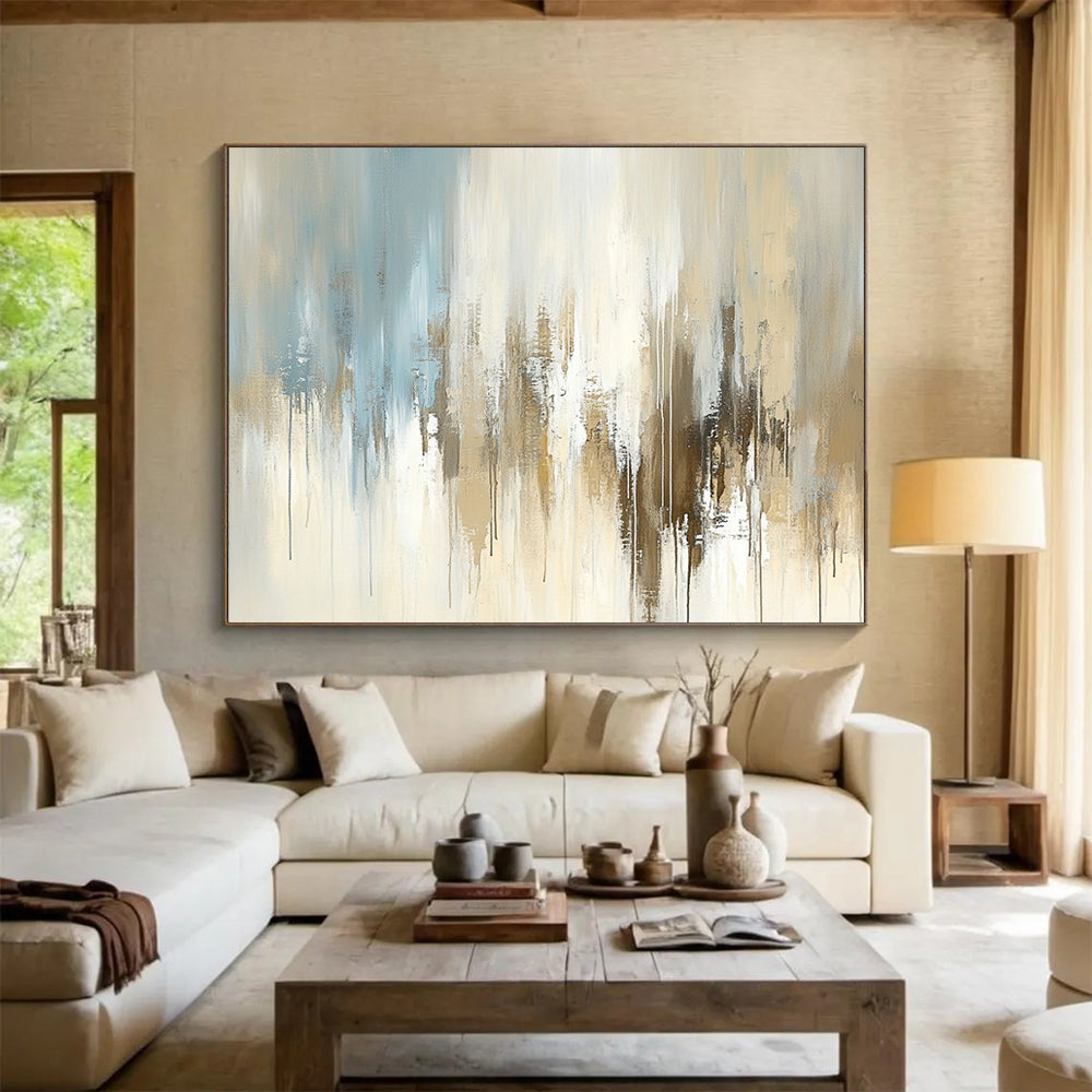 “Beige and Blue Abstract Drip” - Beige, blue, gray, white; Abstract with drip effects and soft color transitions; Acrylic Painting On Canvas HB1263