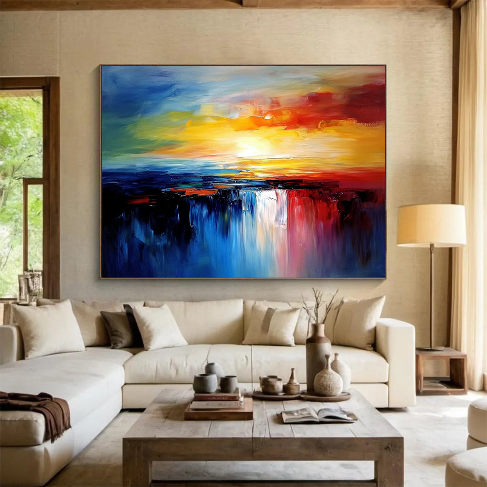 Vibrant Sunset Waterfall - Colorful Abstract Landscape Painting On Canvas HB0431