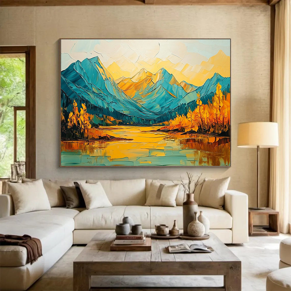 “Vibrant Mountain Reflection” - Blues, Yellows, Oranges, Mountain Lake with Bold Reflections - Impasto Oil Painting HB1714