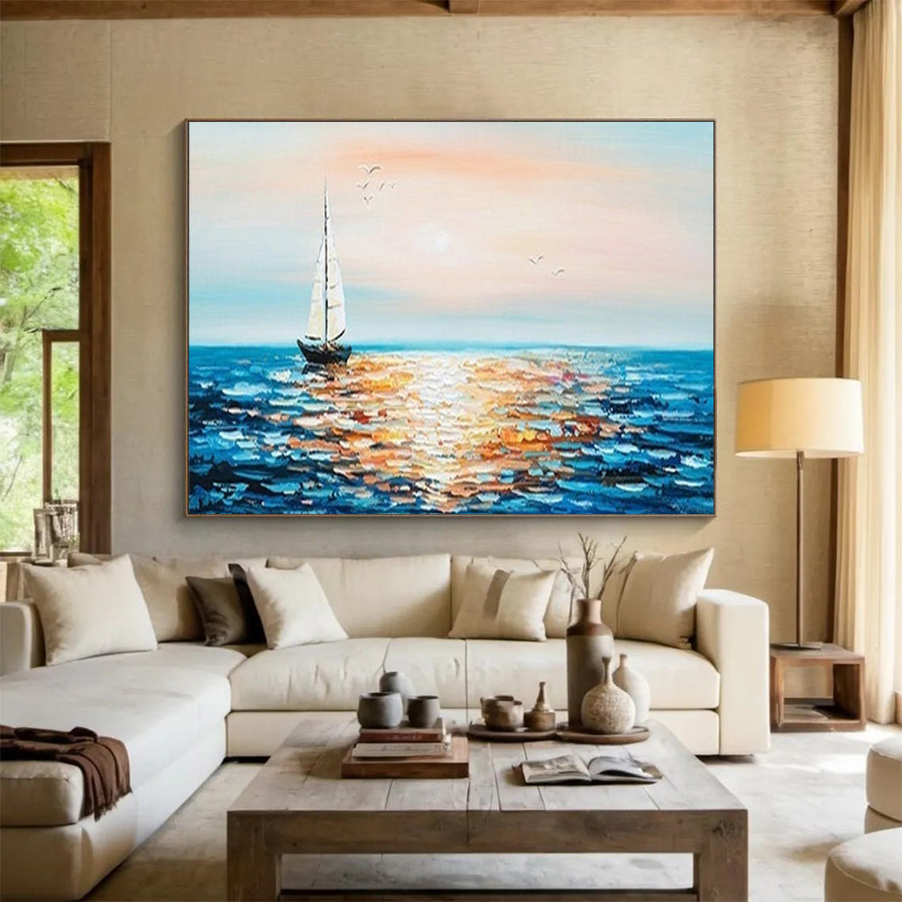 Sunset Sailboat Sea Oil Painting - Coastal Dining Room or Bedroom Art DLZ188