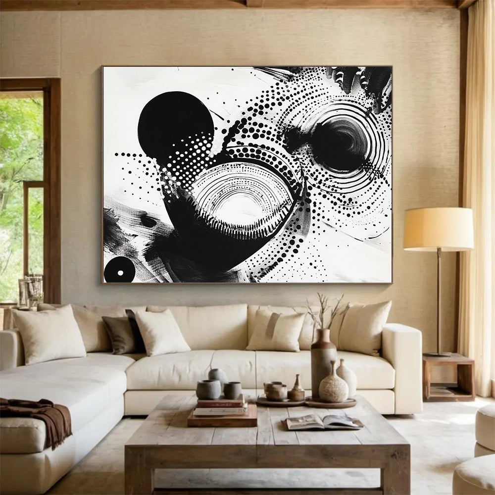 Black Circles, Dots & Curves on White - “Cosmic Ink Patterns” Painting On Canvas HB222