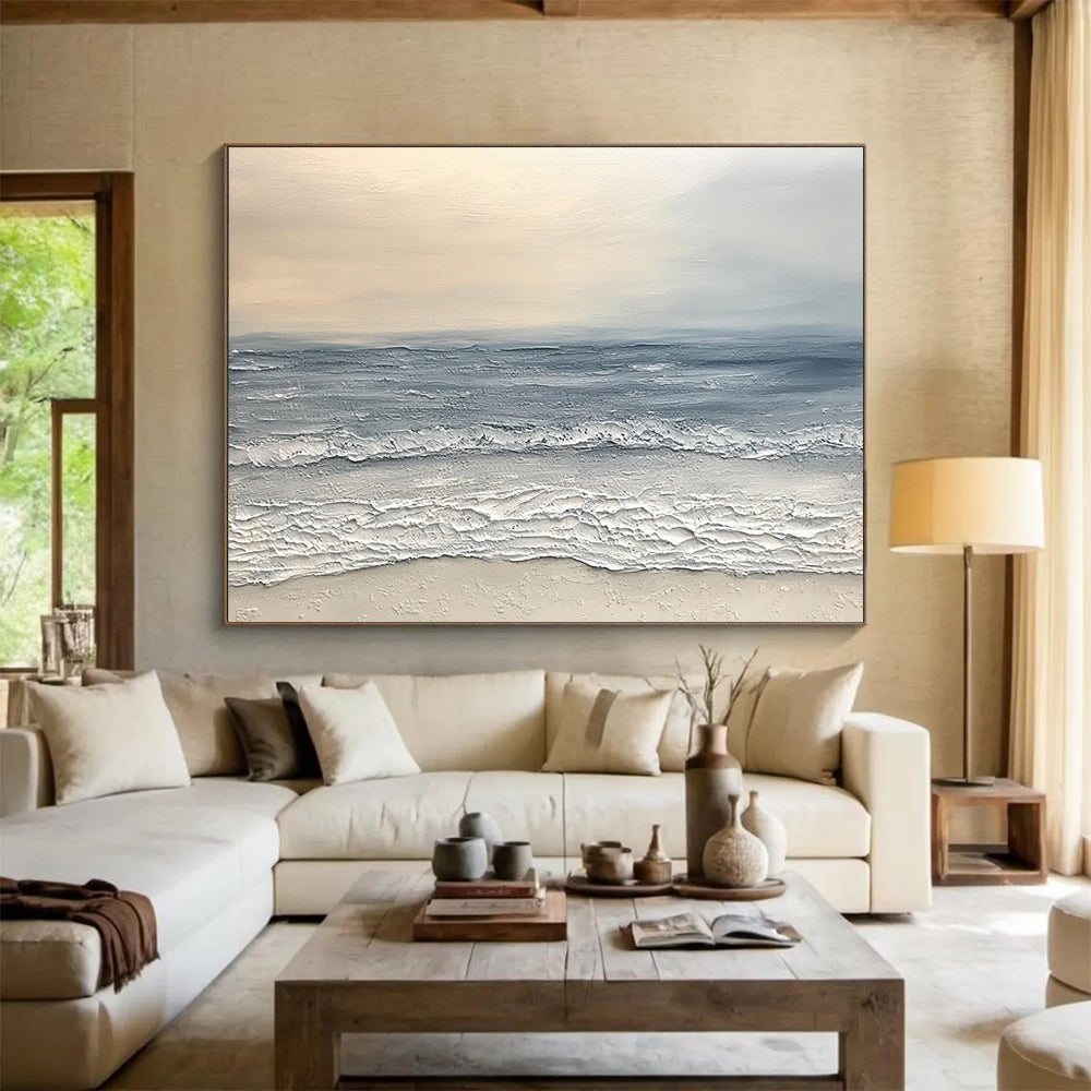 “Textured Seaside Calm” - Soft gray sea, beige sky, Textural Landscape Painting On Canvas HB0578