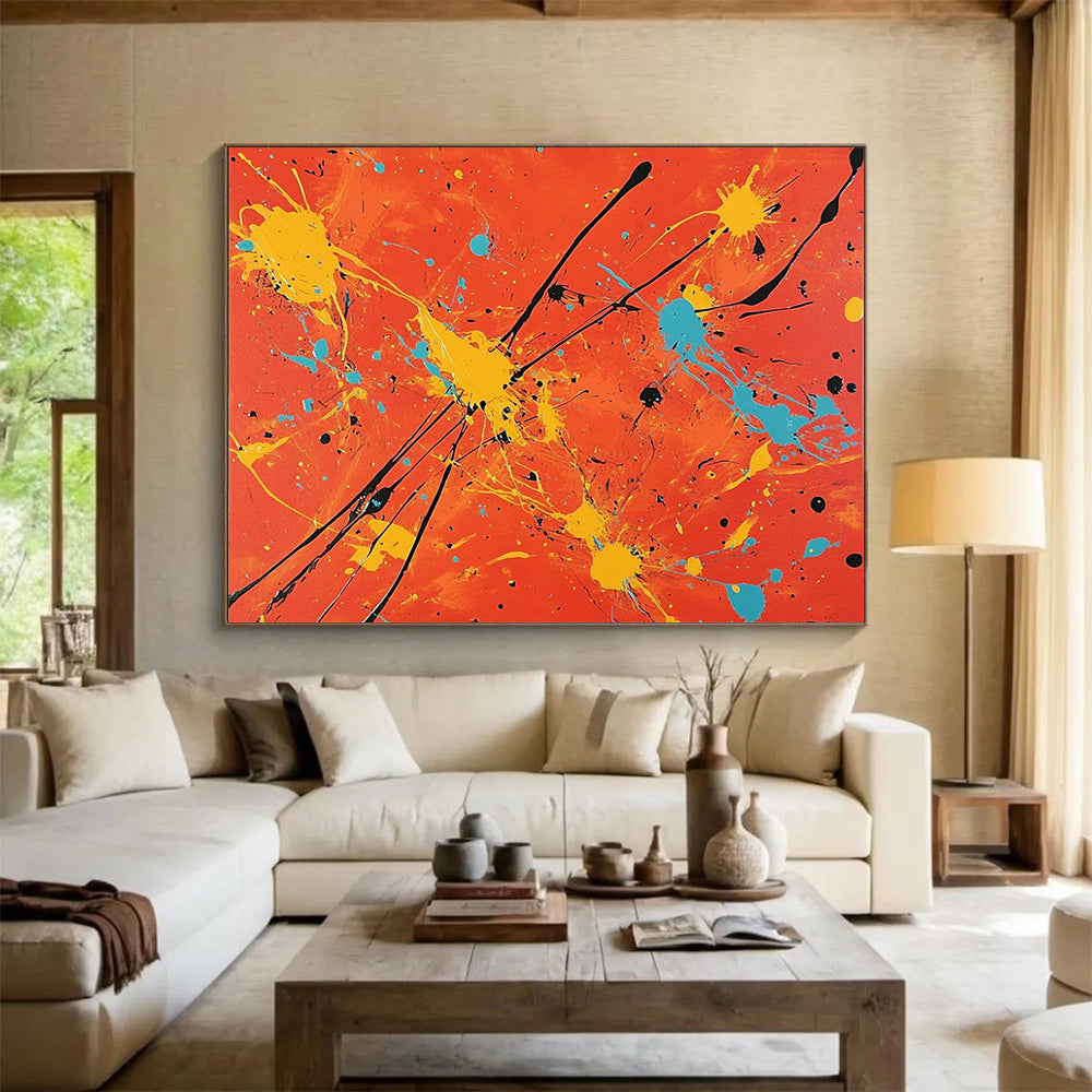 “Colorful Splatter On Orange” - Orange, Yellow, Blue, Black, Abstract Expressionist Painting On Canvas HB0683