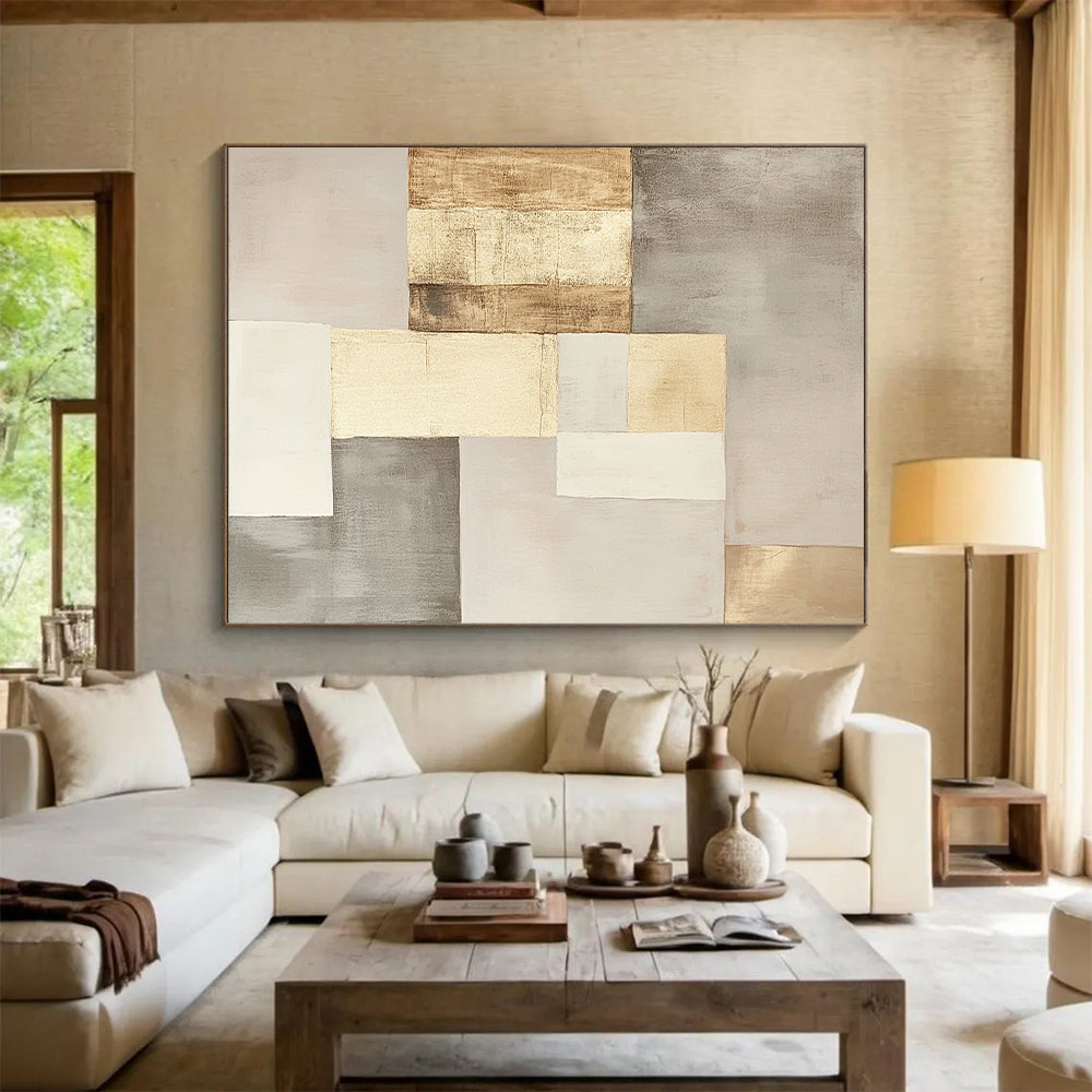 Beige, Gray & Gold Geometric Squares - “Elegant Neutral Grid” Painting On Canvas HB206