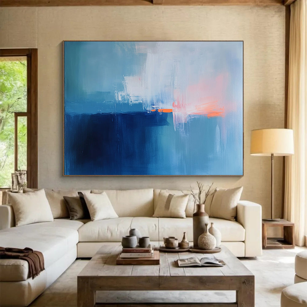 “Soft Blue - Orange Horizons” - Blue, Orange, White, Abstract Seascapes - Color - Field Acrylic Painting HB1520