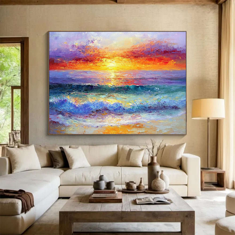 “Blazing Sunset Waves” - Fiery Oranges, Reds, Pinks, Purple, Dynamic Ocean Sunset - Impasto Oil Painting HB1749