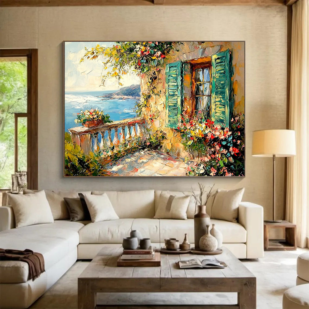 “Mediterranean Balcony” - Blue, Green, Colorful Flowers, Coastal Balcony - Impasto Oil Painting HB1681